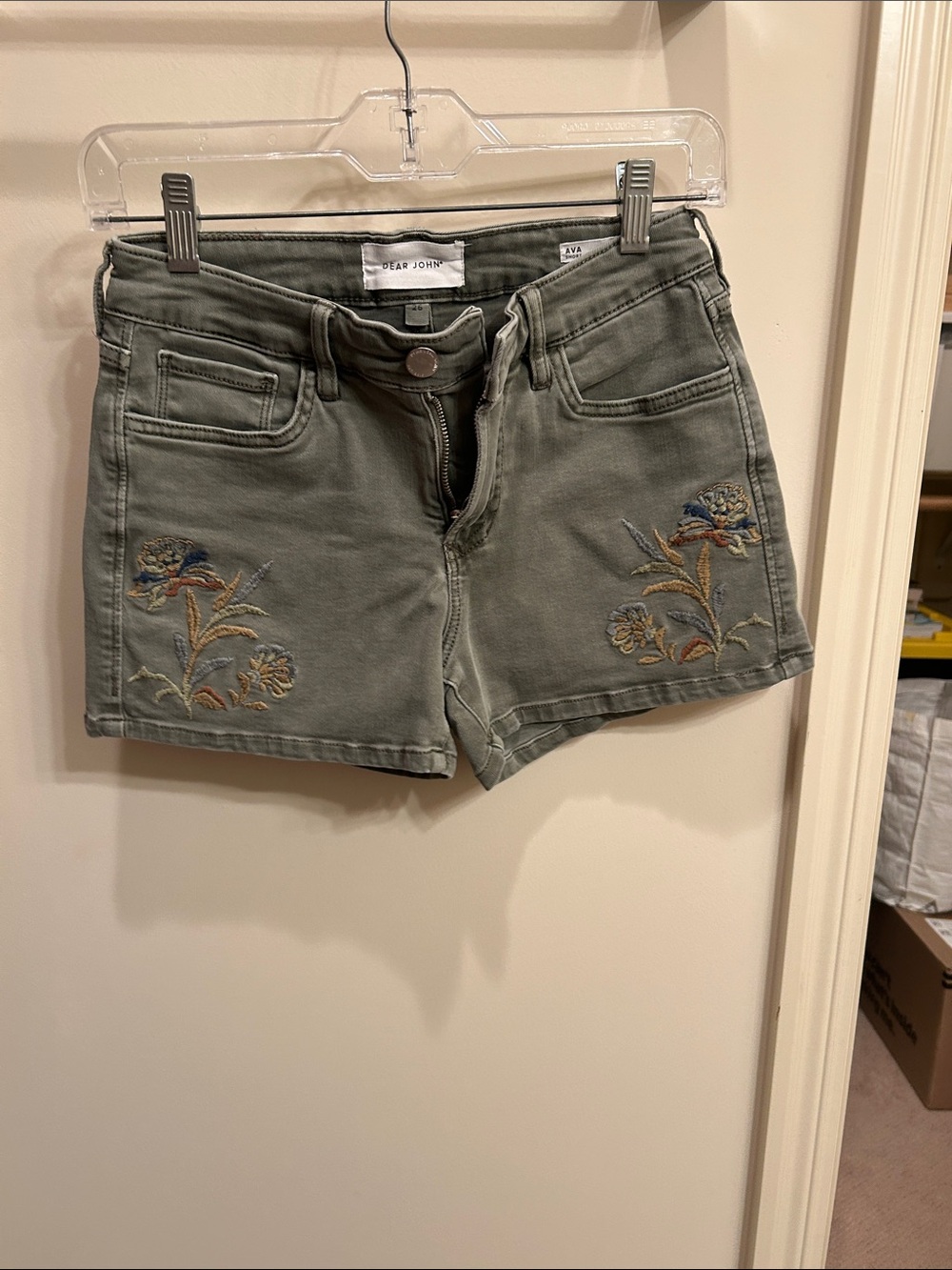 Dear John Olive Green Embroidered Denim Shorts